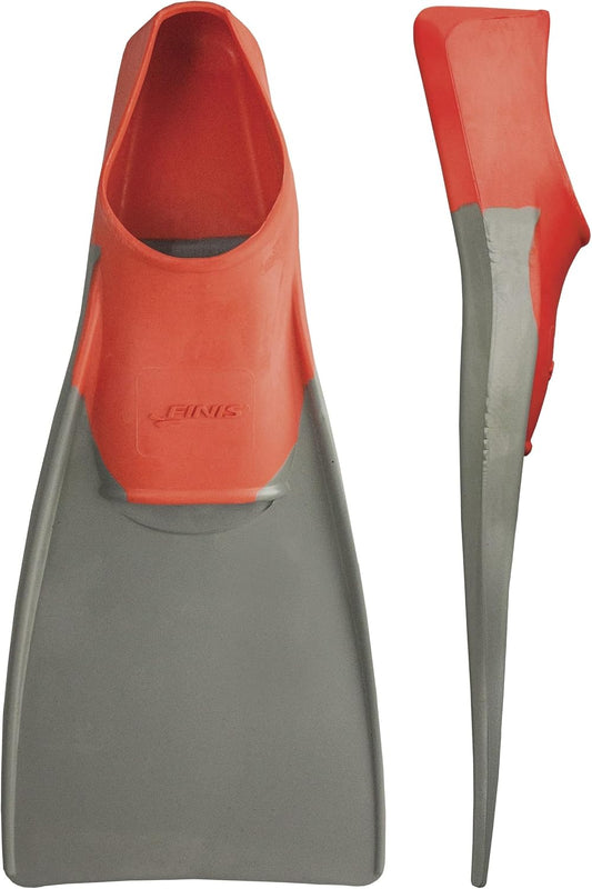 Swim fins — current red and gray front/profile source views