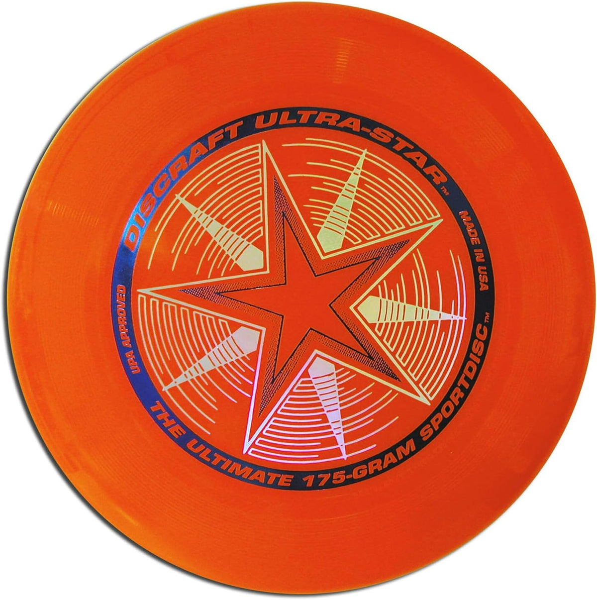 Flying disc — original current bright-orange disc and foil stamp