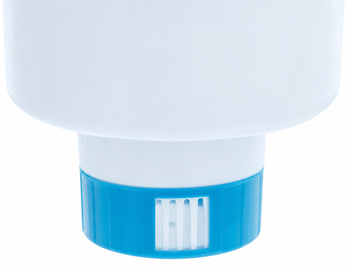 Floating chlorine dispenser — actual lower tank and outlet-ring detail